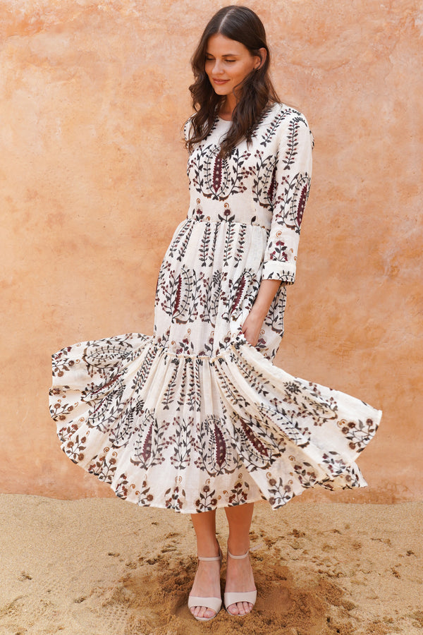 Melanie Dress Crew Neck 3/4 Sleeve Midi Plus Length Linen (Suzani Ferns)
