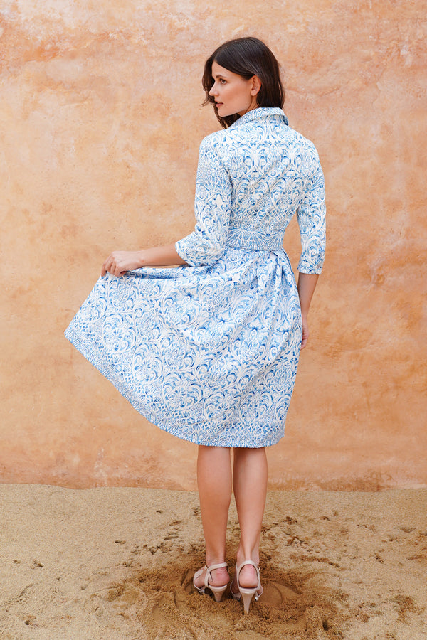 Audrey Dress #1 Shirt Collar 3/4 Sleeve Long Length Silk Taffta (Tapis Blue Big)