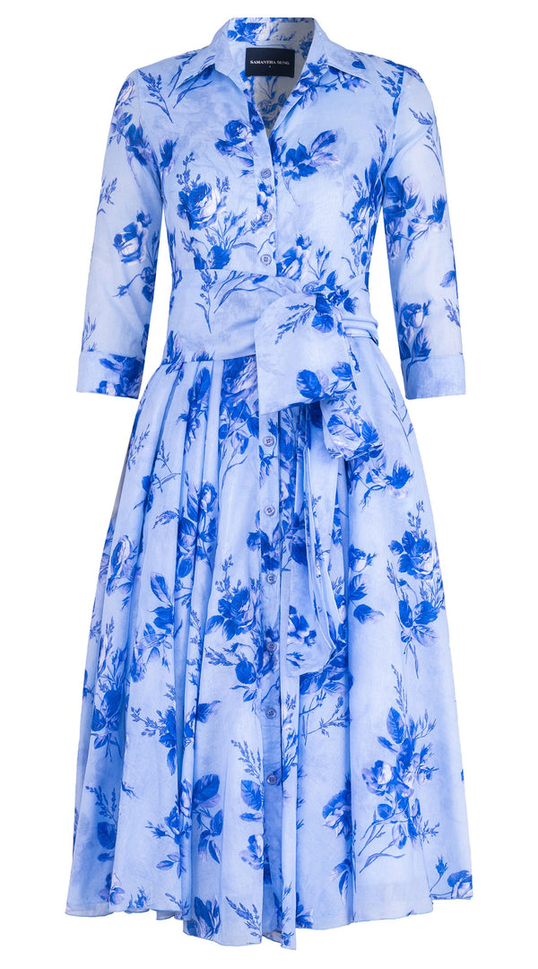 Aster Dress Shirt Collar 3/4 Sleeve Midi Length Cotton Musola (Thorn Bud Rose Small Ground)