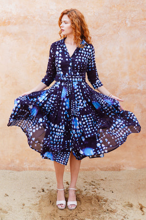 Audrey Dress #4 Shirt Collar 3/4 Sleeve Midi Length Cotton Musola (Tie Dye Geometric Bright)