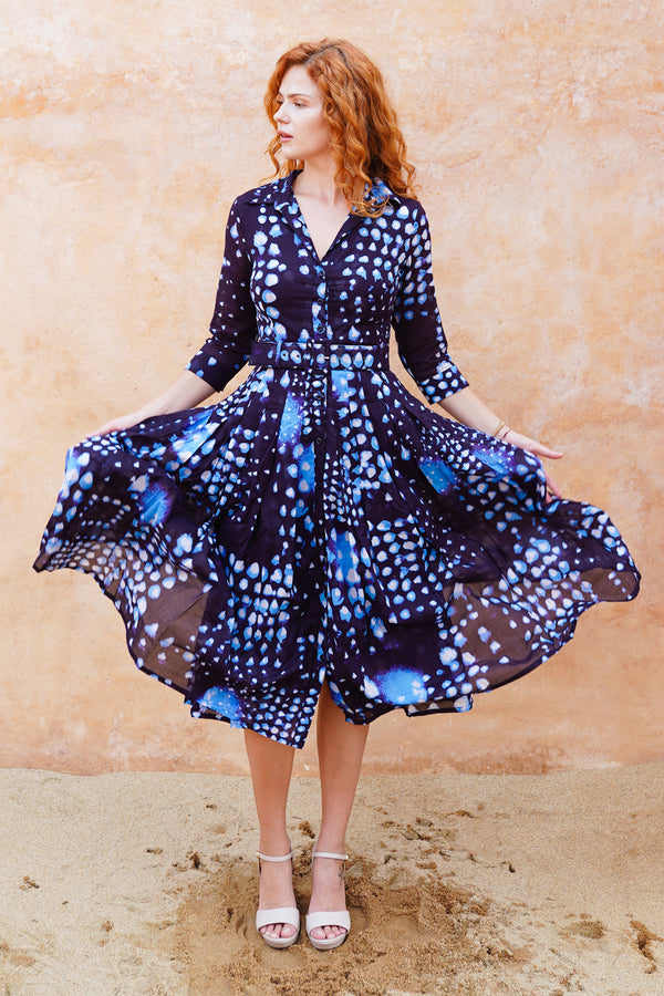 Audrey Dress #4 Shirt Collar 3/4 Sleeve Midi Length Cotton Musola (Tie Dye Geometric Bright)