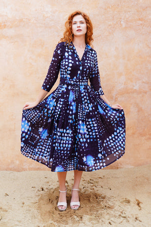 Audrey Dress #4 Shirt Collar 3/4 Sleeve Midi Length Cotton Musola (Tie Dye Geometric Bright)