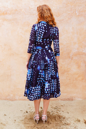 Audrey Dress #4 Shirt Collar 3/4 Sleeve Midi Length Cotton Musola (Tie Dye Geometric Bright)