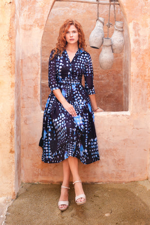 Audrey Dress #4 Shirt Collar 3/4 Sleeve Midi Length Cotton Musola (Tie Dye Geometric Bright)