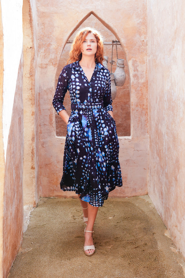 Audrey Dress #4 Shirt Collar 3/4 Sleeve Midi Length Cotton Musola (Tie Dye Geometric Bright)