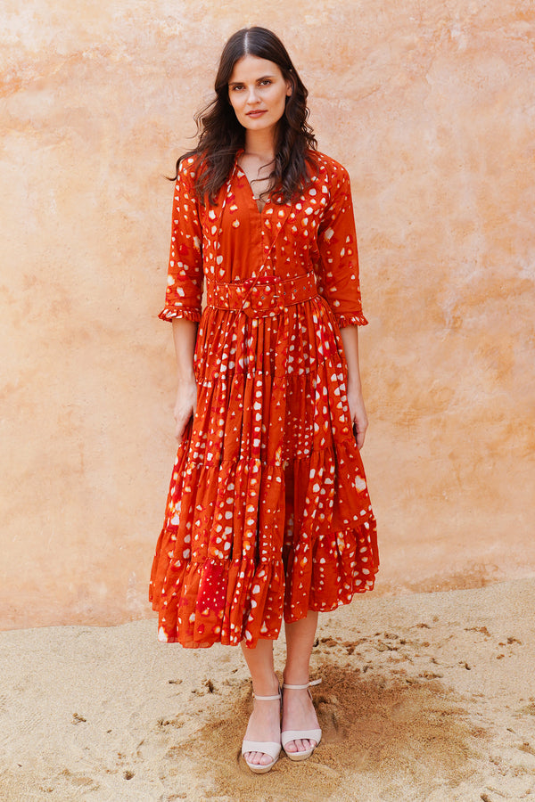 Eva Dress Crew Neck 3/4 Sleeve Midi Length Cotton Musola (Tie Dye Geometric Bright)