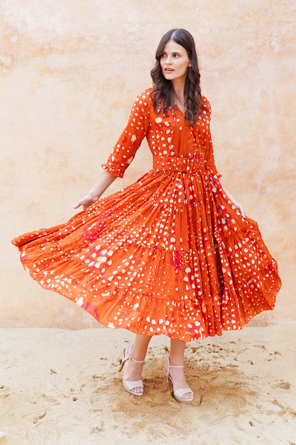 Eva Dress Crew Neck 3/4 Sleeve Midi Length Cotton Musola (Tie Dye Geometric Bright)