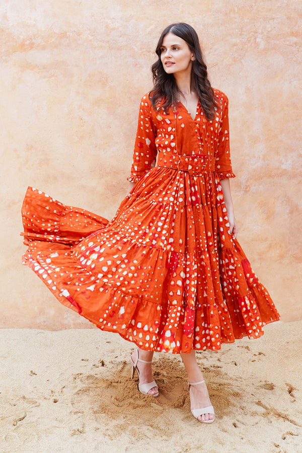 Eva Dress Crew Neck 3/4 Sleeve Midi Length Cotton Musola (Tie Dye Geometric Bright)