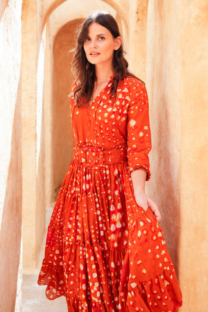 Eva Dress Crew Neck 3/4 Sleeve Midi Length Cotton Musola (Tie Dye Geometric Bright)