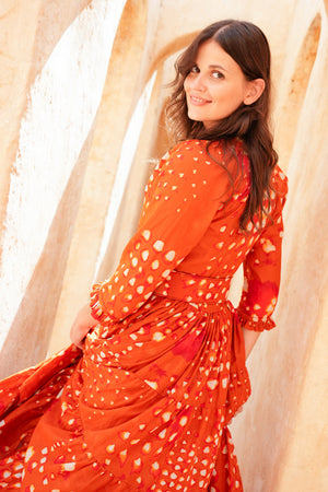 Eva Dress Crew Neck 3/4 Sleeve Midi Length Cotton Musola (Tie Dye Geometric Bright)