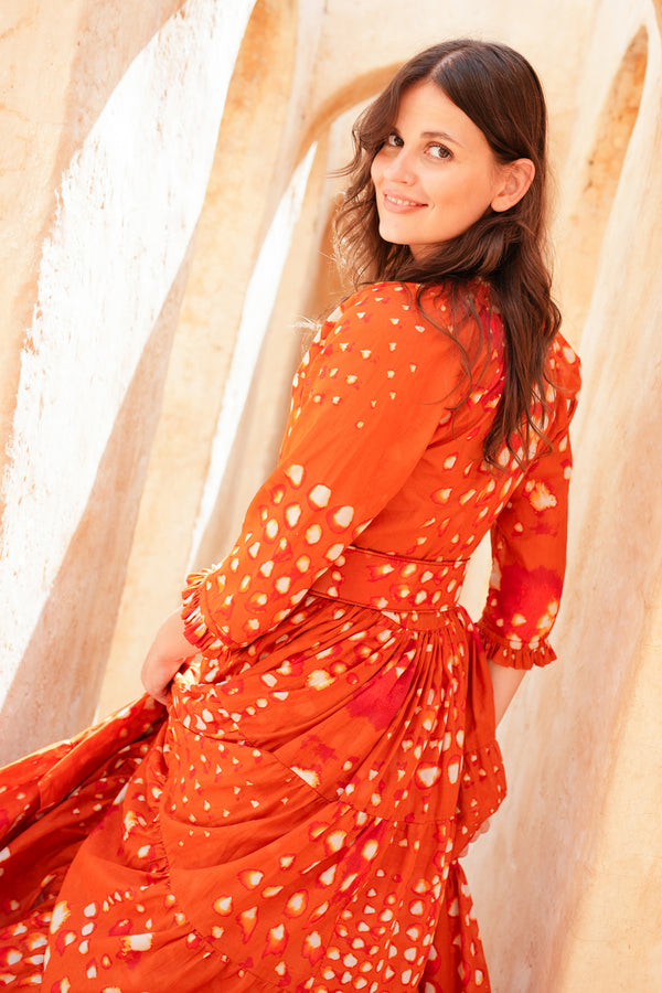 Eva Dress Crew Neck 3/4 Sleeve Midi Length Cotton Musola (Tie Dye Geometric Bright)
