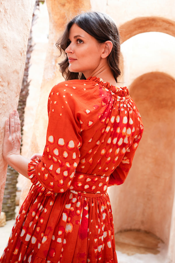 Eva Dress Crew Neck 3/4 Sleeve Midi Length Cotton Musola (Tie Dye Geometric Bright)