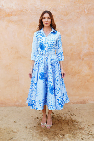 Amber Dress Shirt Collar 3/4 Sleeve Midi Length Silk Taffta (Tie Dye Geometric Pastel)