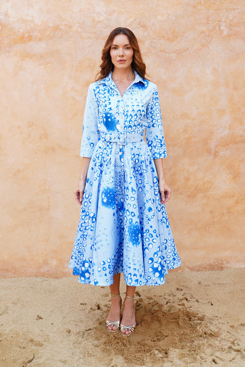 Amber Dress Shirt Collar 3/4 Sleeve Midi Length Silk Taffta (Tie Dye Geometric Pastel)
