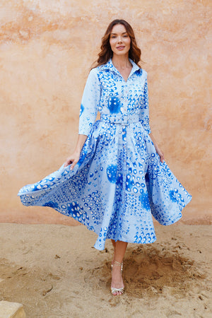 Amber Dress Shirt Collar 3/4 Sleeve Midi Length Silk Taffta (Tie Dye Geometric Pastel)