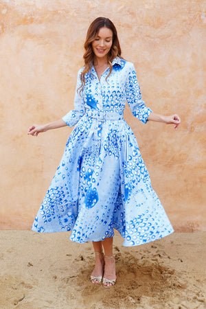Amber Dress Shirt Collar 3/4 Sleeve Midi Length Silk Taffta (Tie Dye Geometric Pastel)