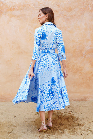 Amber Dress Shirt Collar 3/4 Sleeve Midi Length Silk Taffta (Tie Dye Geometric Pastel)