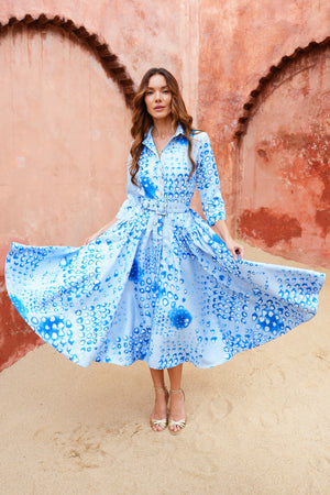 Amber Dress Shirt Collar 3/4 Sleeve Midi Length Silk Taffta (Tie Dye Geometric Pastel)