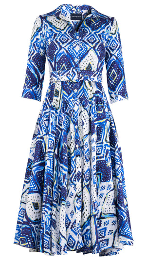 Aster Dress Shirt Collar 3/4 Sleeve Midi Length Linen (Tie Dye Maldives White)