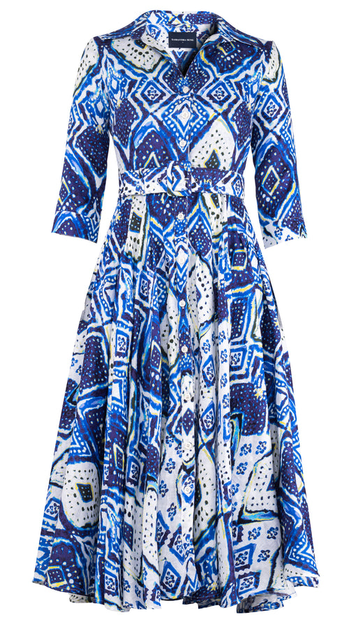Aster Dress Shirt Collar 3/4 Sleeve Midi Length Linen (Tie Dye Maldives White)
