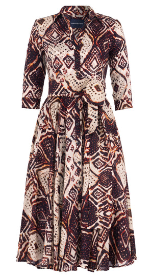 Aster Dress Shirt Collar 3/4 Sleeve Midi Length Wool Musola (Tie Dye Maldives Ivory) - Ivory Burgundy