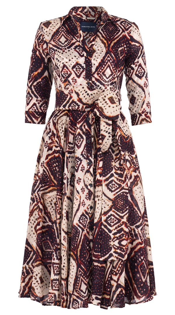 Aster Dress Shirt Collar 3/4 Sleeve Midi Length Wool Musola (Tie Dye Maldives Ivory) - Ivory Burgundy
