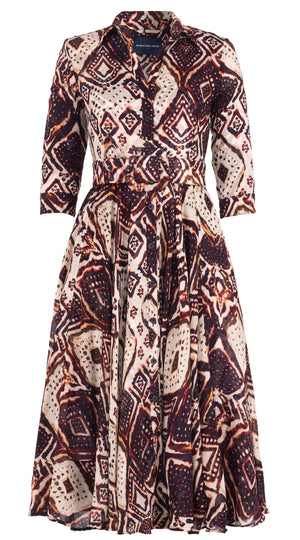 Aster Dress Shirt Collar 3/4 Sleeve Midi Length Wool Musola (Tie Dye Maldives Ivory) - Ivory Burgundy