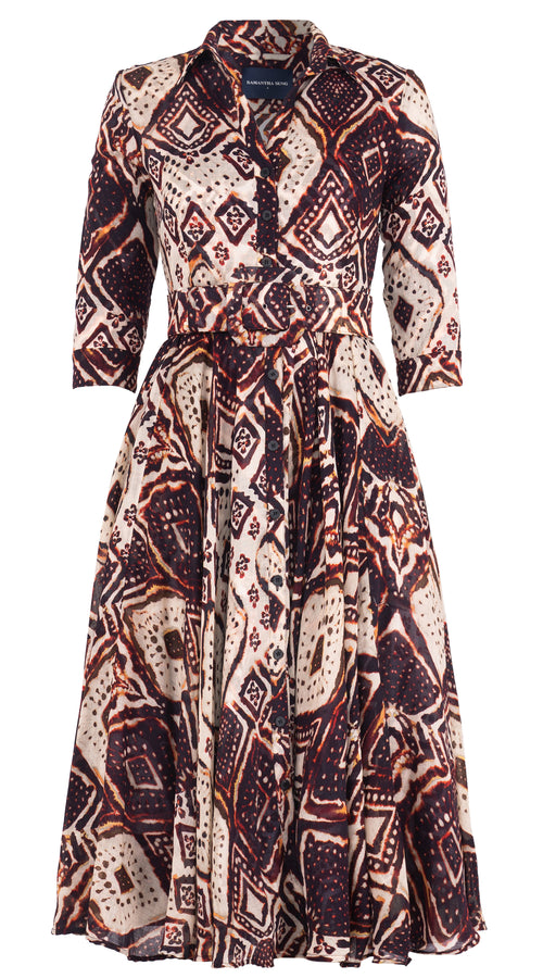 Aster Dress Shirt Collar 3/4 Sleeve Midi Length Wool Musola (Tie Dye Maldives Ivory) - Ivory Burgundy