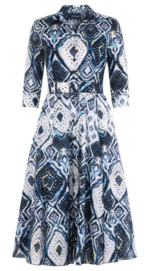 Aster Dress Shirt Collar 3/4 Sleeve Midi Length Cotton Musola (Tie Dye Maldives Ivory)