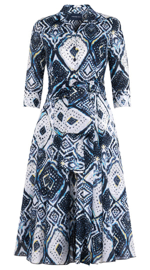 Aster Dress Shirt Collar 3/4 Sleeve Midi Length Cotton Musola (Tie Dye Maldives Ivory)