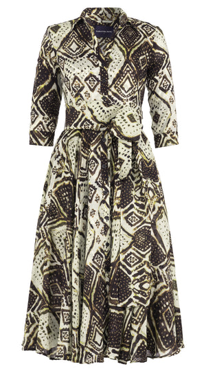 Aster Dress Shirt Collar 3/4 Sleeve Midi Length Wool Musola (Tie Dye Maldives Ivory) - Ivory Olive Green