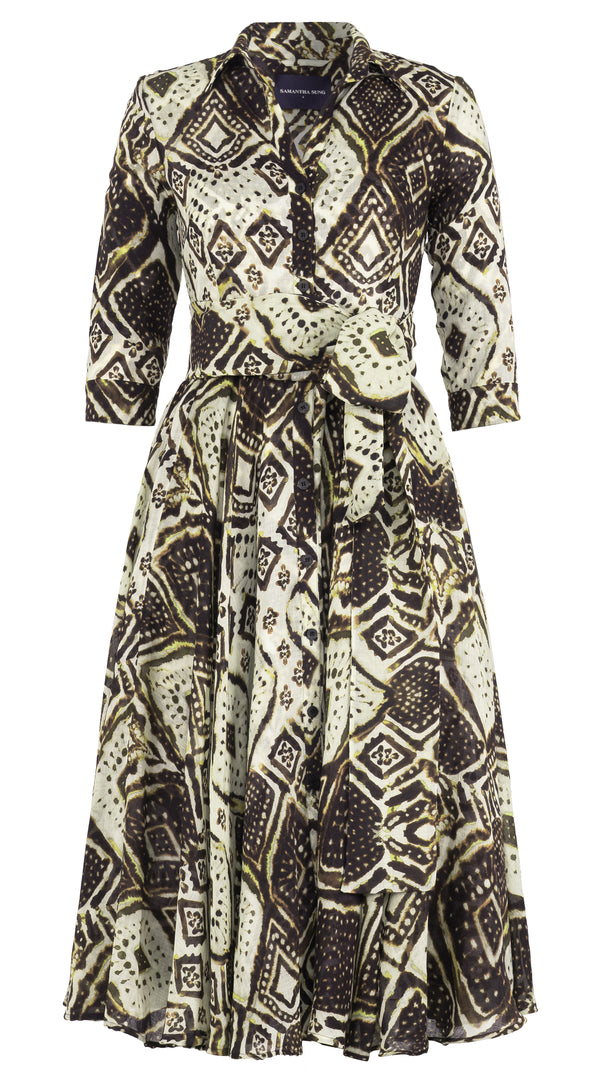 Aster Dress Shirt Collar 3/4 Sleeve Midi Length Wool Musola (Tie Dye Maldives Ivory) - Ivory Olive Green