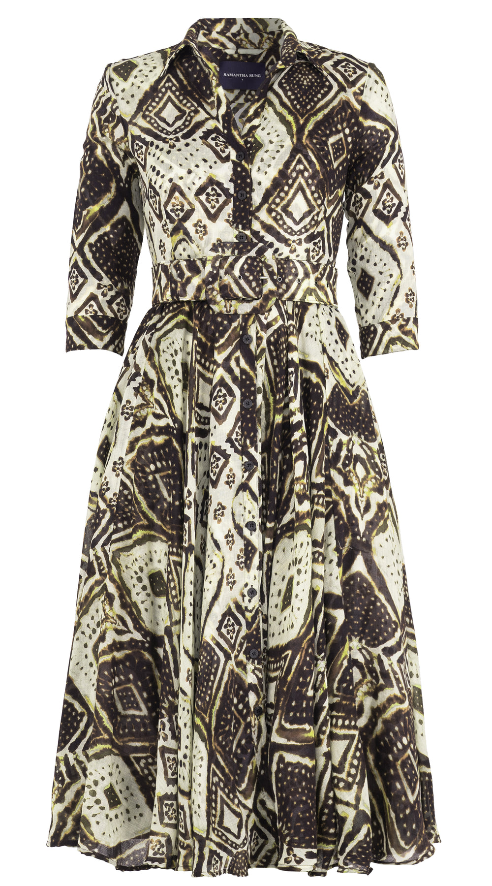 Aster Dress Shirt Collar 3/4 Sleeve Midi Length Wool Musola (Tie Dye Maldives Ivory) - Ivory Olive Green