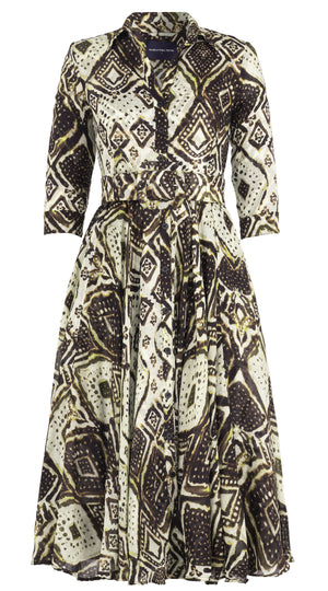 Aster Dress Shirt Collar 3/4 Sleeve Midi Length Wool Musola (Tie Dye Maldives Ivory) - Ivory Olive Green