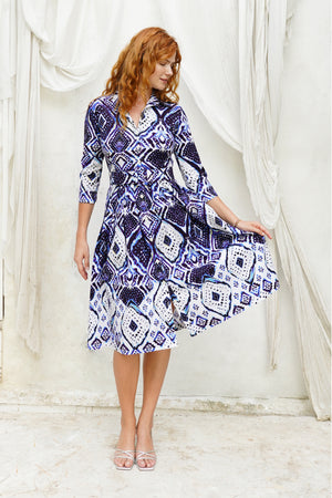 Audrey Dress #1 Shirt Collar 3/4 Sleeve Long Length Cotton Stretch (Tie Dye Maldives White)