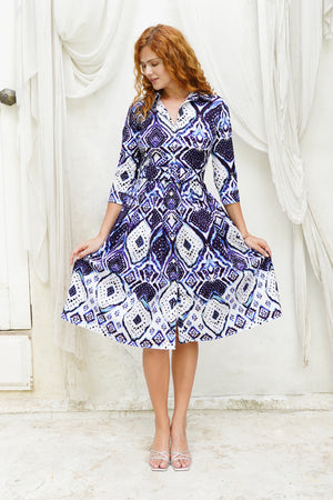 Audrey Dress #1 Shirt Collar 3/4 Sleeve Long Length Cotton Stretch (Tie Dye Maldives White)