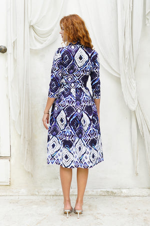 Audrey Dress #1 Shirt Collar 3/4 Sleeve Long Length Cotton Stretch (Tie Dye Maldives White)