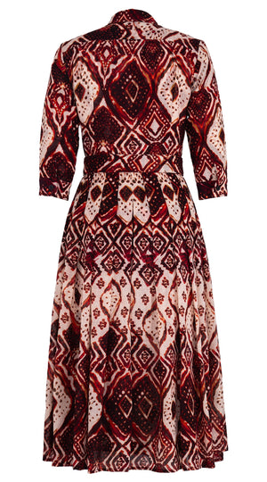 Audrey Dress #4 Shirt Collar 3/4 Sleeve Midi Length Wool (Tie Dye Maldives Ivory) - Ivory Burgundy