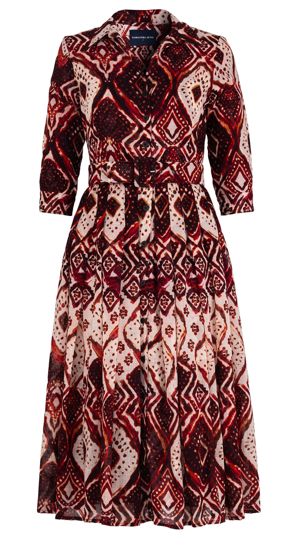 Audrey Dress #4 Shirt Collar 3/4 Sleeve Midi Length Wool Musola (Tie Dye Maldives Ivory) - Ivory Burgundy