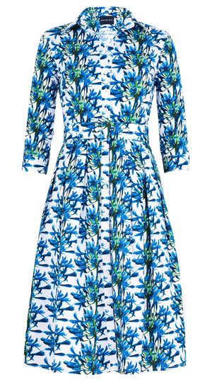Audrey Dress #1 Shirt Collar 3/4 Sleeve Long Length Cotton Stretch (Tinker Bell Flower)