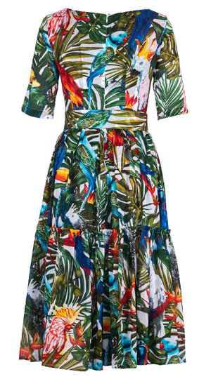 Melanie Dress Boat Neck 1/2 Sleeve Midi Length Musola (Tropical Parrot) @1