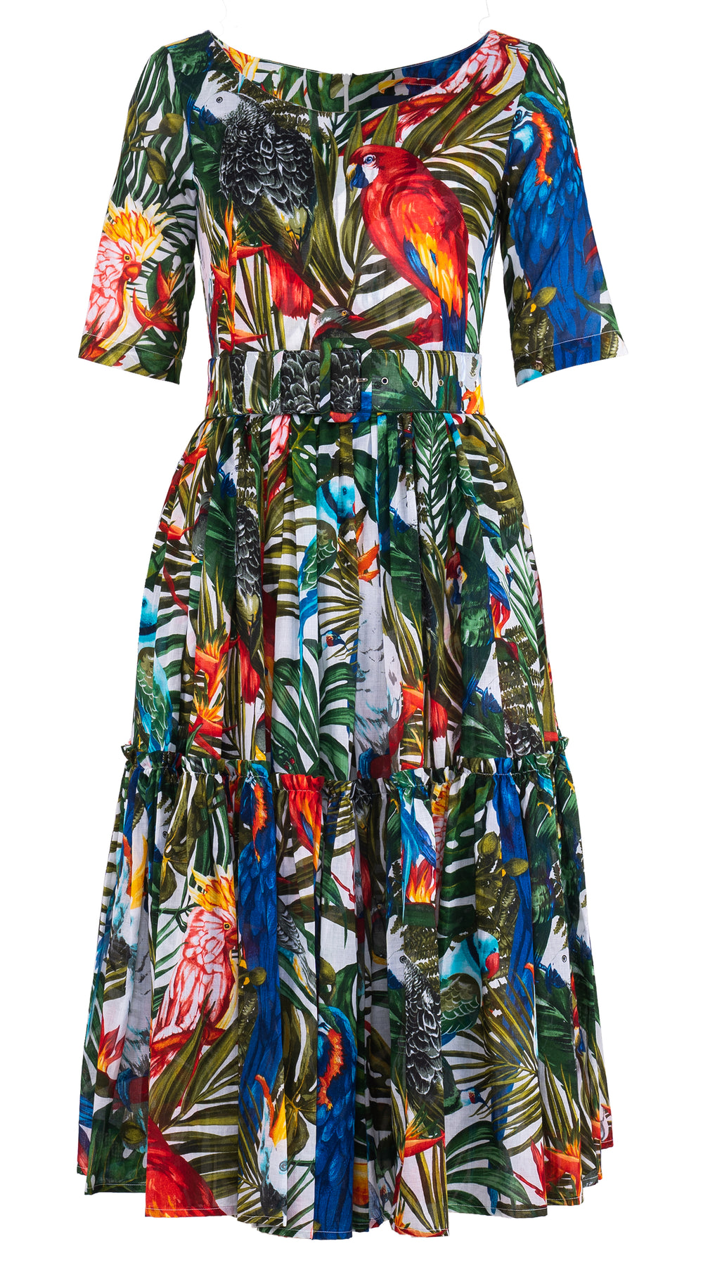 Melanie Dress Boat Neck 1/2 Sleeve Midi Length Musola (Tropical Parrot) @1