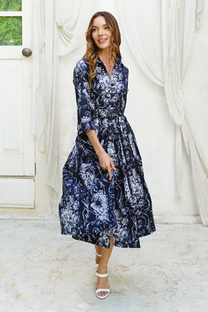 Audrey Dress #2 Shirt Collar 3/4 Sleeve Midi Length Cotton Stretch (Villa Carlotta Bright)