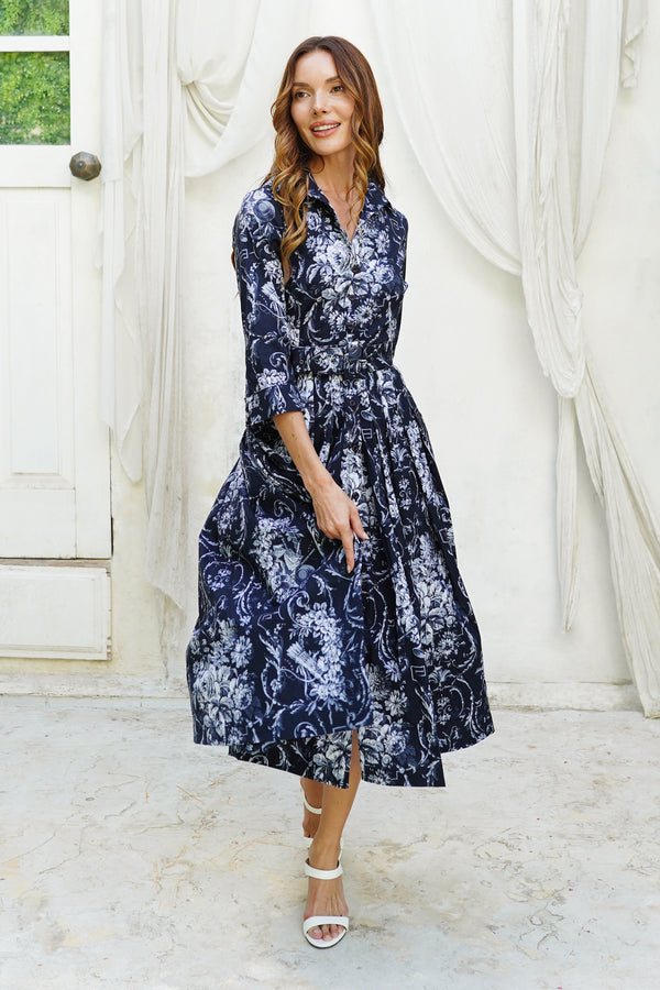 Audrey Dress #2 Shirt Collar 3/4 Sleeve Midi Length Cotton Stretch (Villa Carlotta Bright)