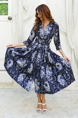 Audrey Dress #2 Shirt Collar 3/4 Sleeve Midi Length Cotton Stretch (Villa Carlotta Bright)