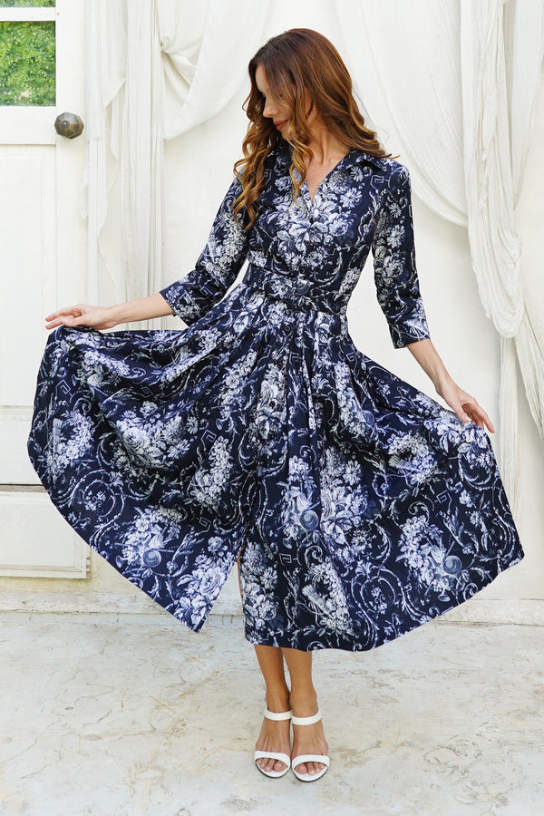 Audrey Dress #2 Shirt Collar 3/4 Sleeve Midi Length Cotton Stretch (Villa Carlotta Bright)