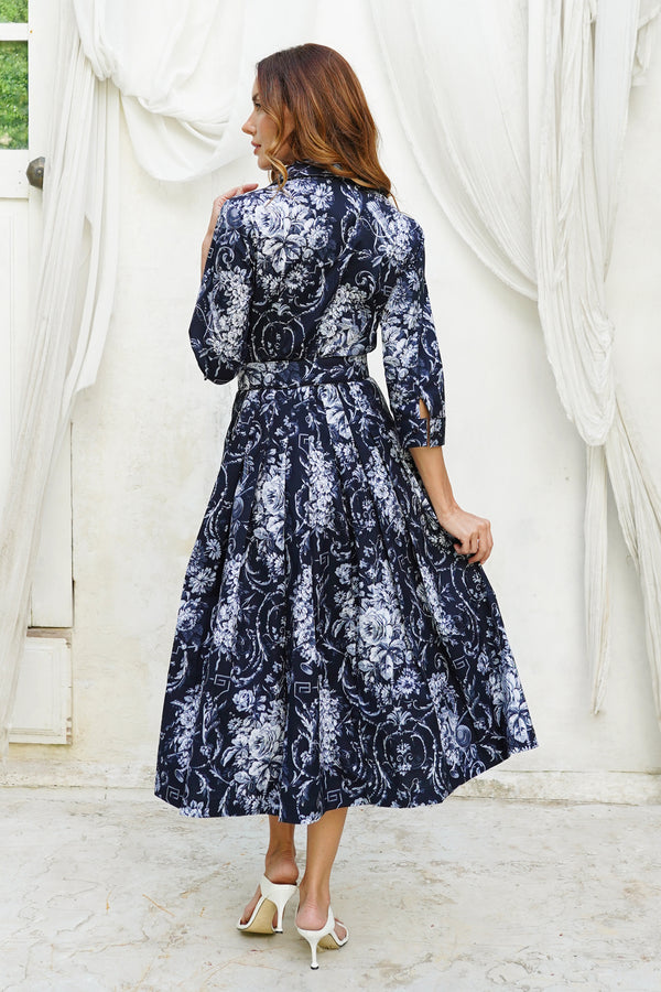 Audrey Dress #2 Shirt Collar 3/4 Sleeve Midi Length Cotton Stretch (Villa Carlotta Bright)