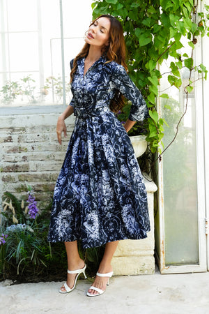 Audrey Dress #2 Shirt Collar 3/4 Sleeve Midi Length Cotton Stretch (Villa Carlotta Bright)