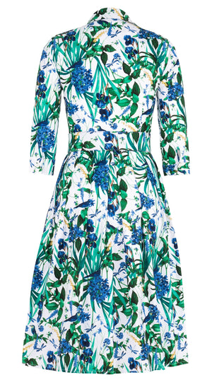 Audrey Dress #1 Shirt Collar 3/4 Sleeve Long Length Cotton Stretch (Vintage Iris)