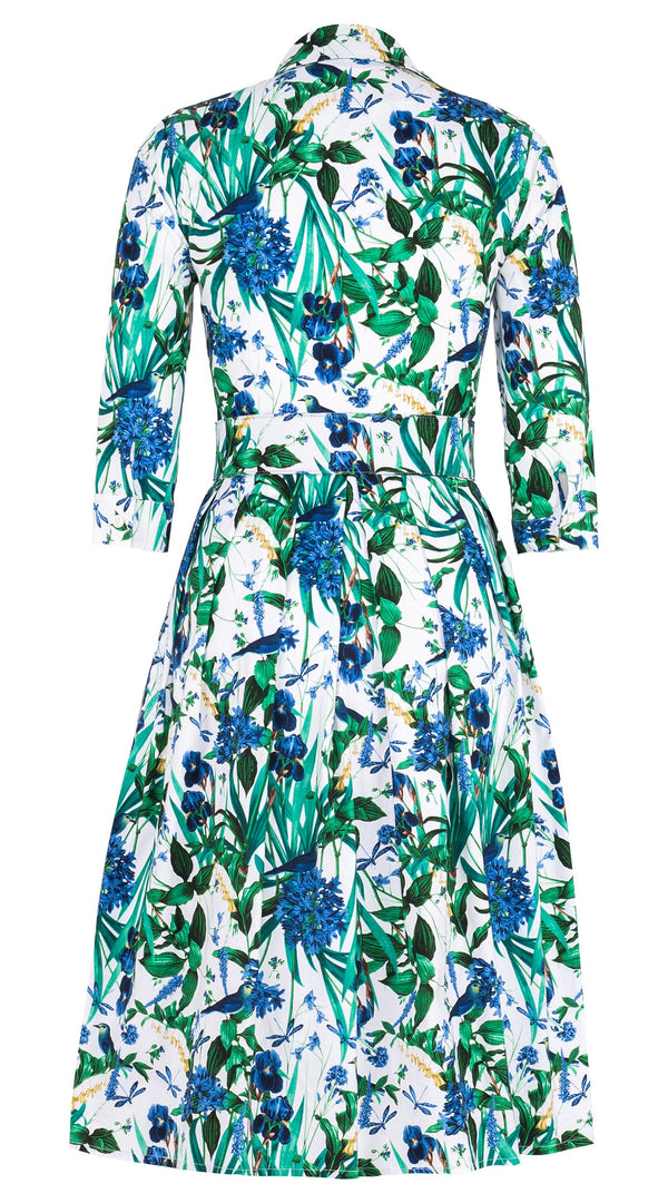 Audrey Dress #1 Shirt Collar 3/4 Sleeve Long Length Cotton Stretch (Vintage Iris)